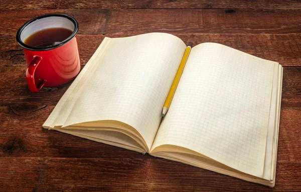 Old Blank Notebook Opened Red Barn Wood Table Metal Mug — Stock Photo, Image