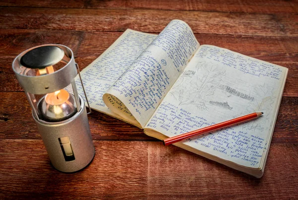 Vintage Expedition Journal Picnic Table Candle Lantern Travel Log Paddling — Stock Photo, Image