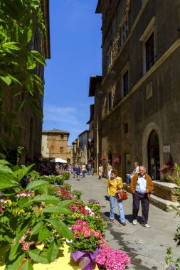 Pienza Köyü bitki ve çiçek sokak pazarında 