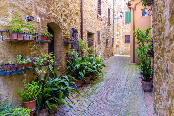 Street in the village of Pienza Tuscany Italy Europe