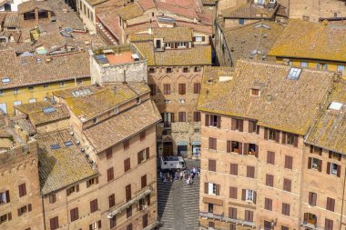 Siena 'daki Piazza del Campo, Palazzo' daki Torre del Mangia manzaralı.