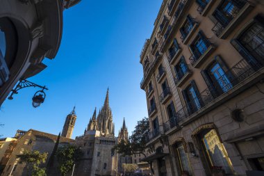Barcelona, İspanya - 20 Şubat 2017: The Cathedral şehir merkezindeki Gothic Quarter