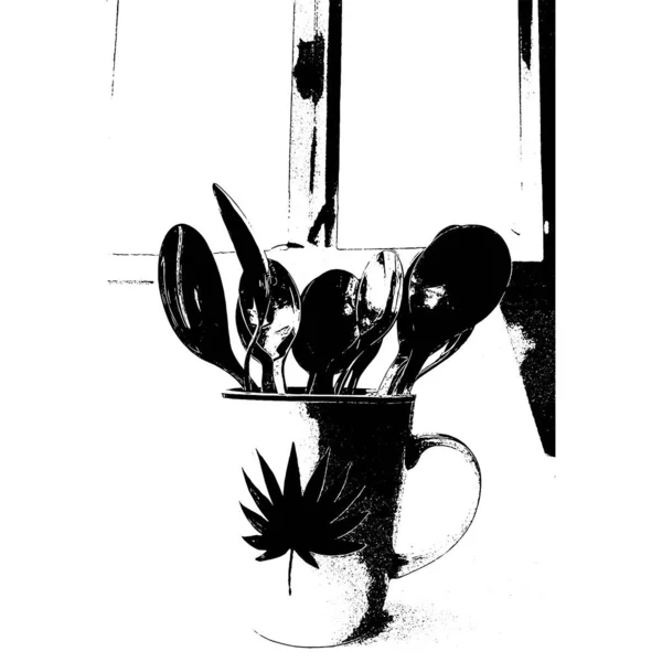 高コントラストで作られたイラストでキッチンの近代的なスプーンのグループ — ストック写真