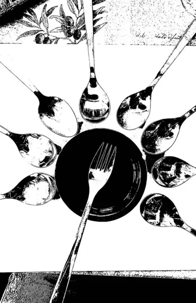 High Contrast Illustration Group Spoons Seen Forming Circle Cutlery Center — Stock Photo, Image