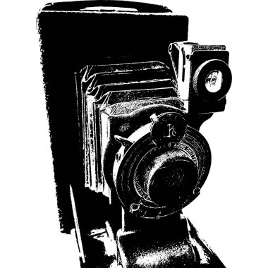Beyaz arkaplanda eski bir fotoğraf makinesinin yüksek kontrastlı siyah beyaz çizimi