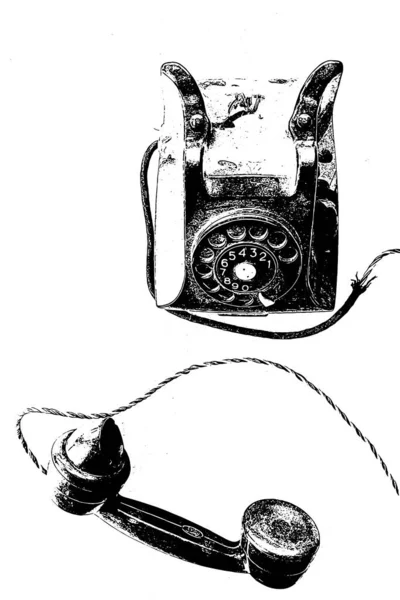 Black White Illustration High Contrast Old Black Telephone White Background — Stock Photo, Image