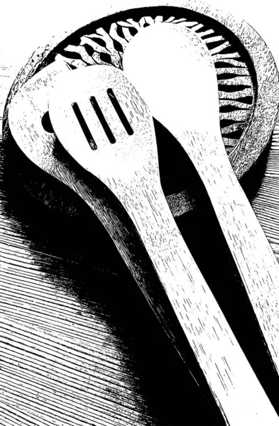 Black White Illustration High Contrast Group Wooden Spoons Rustic Wooden — Stock fotografie