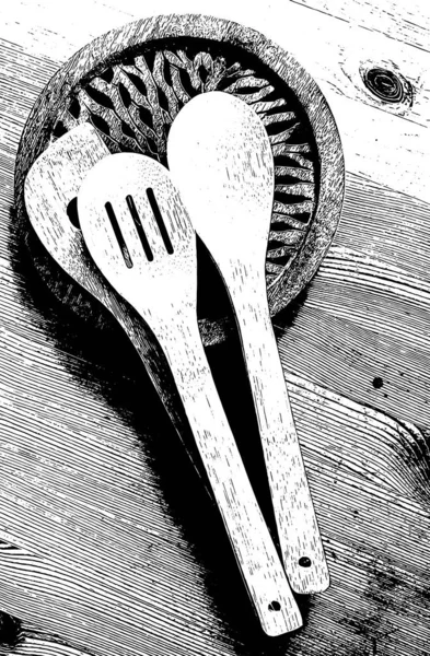 Black White Illustration High Contrast Group Wooden Spoons Rustic Wooden — Stock Photo, Image