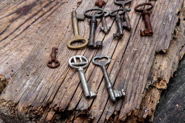 农村风化木板上不同尺寸的旧钥匙 — 图库照片