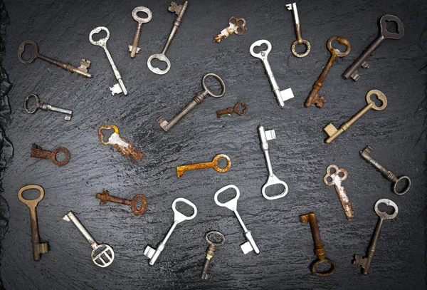 Old Keys Various Shapes Shades Seen Creating Set Shapes Black — Stock Photo, Image