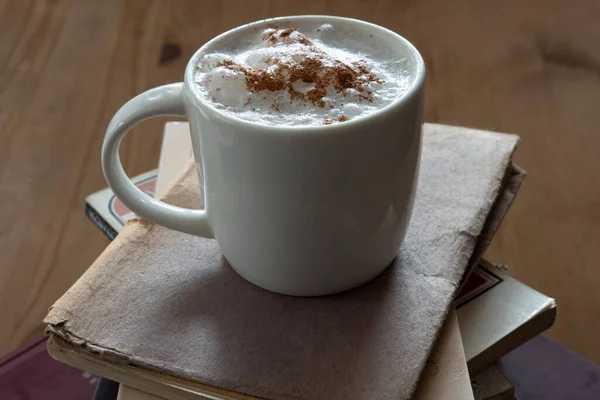 White Cup Cappuccino Coffee Top Small Tower Made Books Hipster — Stock Photo, Image