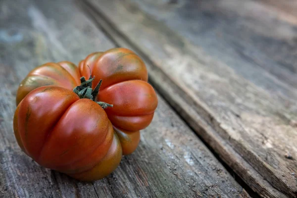 Pomodoro Rosso Raccolto Organicamente Giardino Urbano Tavolo Legno Rustico Intemperie — Foto Stock