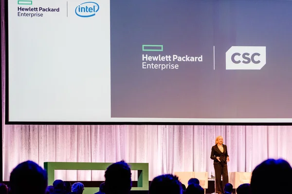 HPE president and chief executive officer Meg Whitman is talking about the CSC merger — Stock Photo, Image