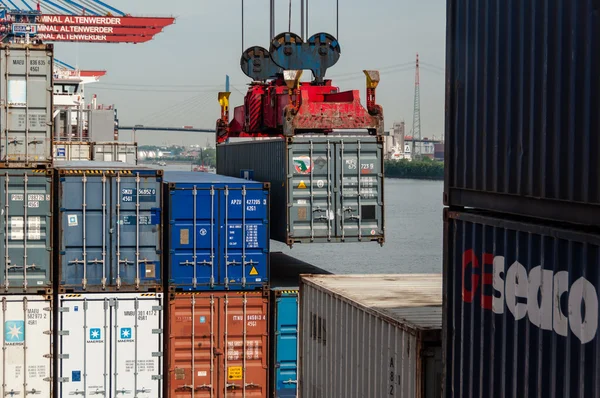 在集装箱码头 Altenwerder 在汉堡的大型集装箱船舶。 — 图库照片
