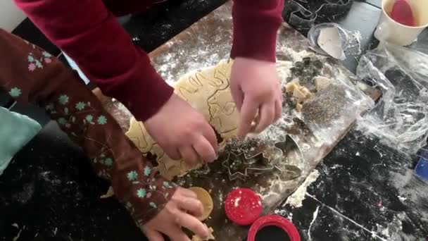 Childrens hands making unicorn shaped christmas cookies — Stock Video