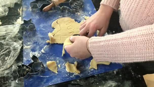 Crianças mãos fazendo biscoitos de Natal unicórnio — Vídeo de Stock