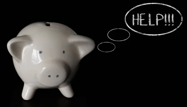 İle yardım düşünme düşünce kabarcıklar Piggy banka — Stok fotoğraf