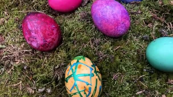 Feliz Pascua - Huevos de Pascua coloridos en musgo verde . — Vídeo de stock