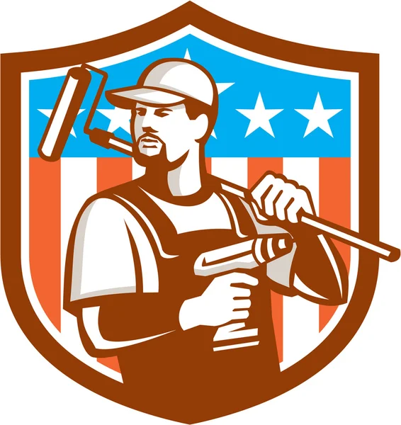 Handyman Cordless Drill Paintroller Crest Flag Retro — Stock Vector
