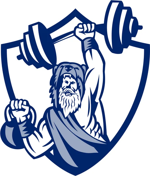 Berserker Lifting Barbell Kettlebell Crest Retro — Stock Vector