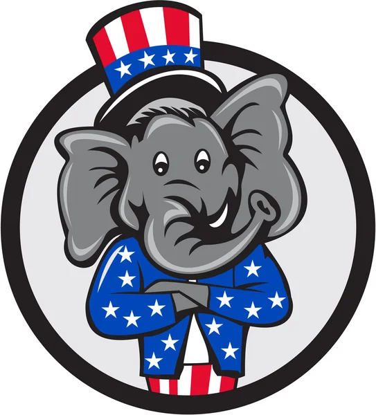Republikanisches Elefantenmaskottchen Arme Kreis gekreuzt Karikatur — Stockvektor