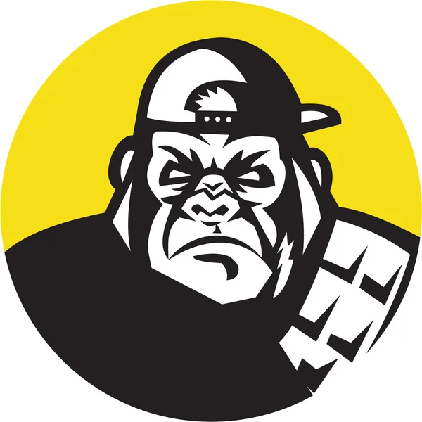 Cabeça de gorila irritado boné de beisebol círculo retro —  Vetores de Stock