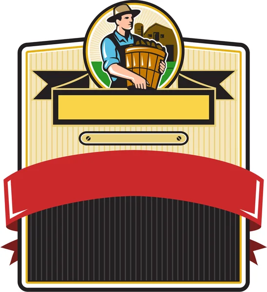 Rolnik ekologiczny nosić kosz odznaka Retro — Wektor stockowy