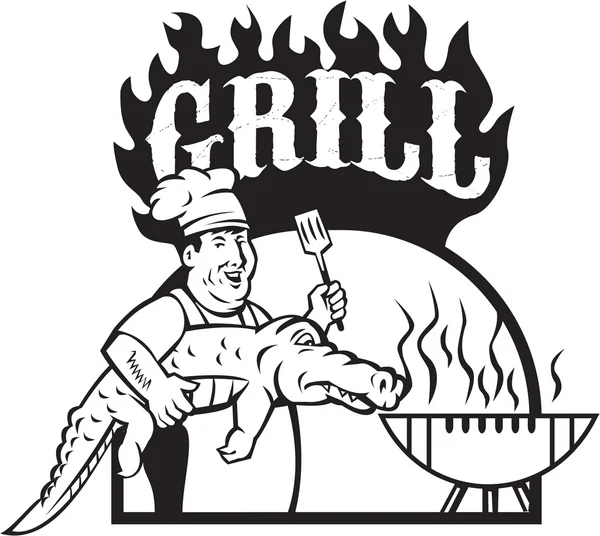 Chef-kok Carry Alligator Grill Cartoon — Stockvector