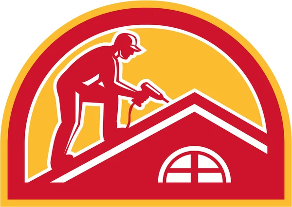 Dekarz praca na dachu koło pół Retro — Wektor stockowy