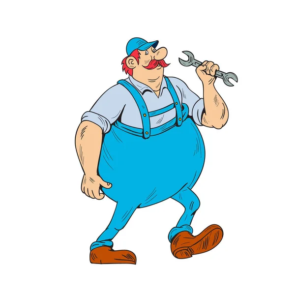 Немецкий ремонтник марширующий мультфильм с гаечным ключом — стоковый вектор