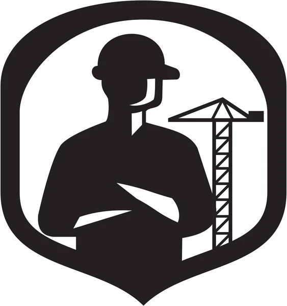 Bauarbeiter Arme gefaltet Kran Kamm Retro — Stockvektor