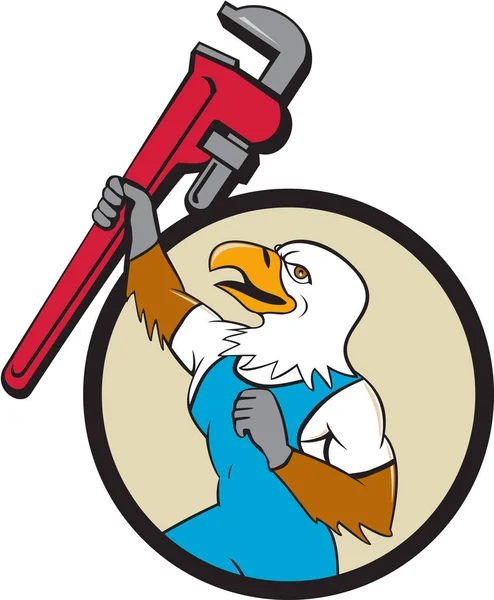 Águila de fontanero levantando la llave de tubo Círculo de dibujos animados — Vector de stock