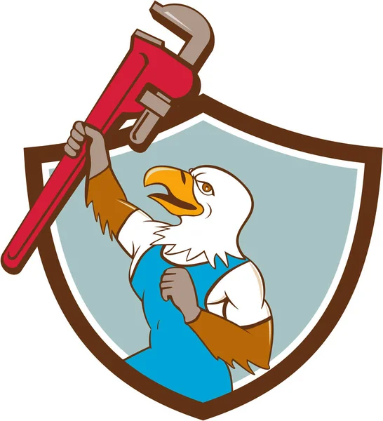 Eagle Plumber Raising Up Pipe Wrench Crest Cartoon — Stock Vector