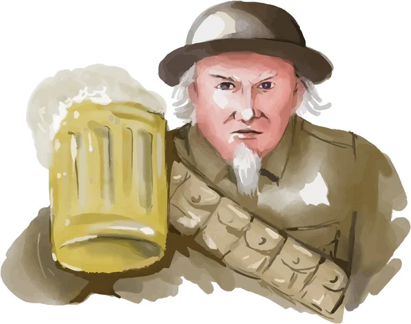 Дядя Сэм WWW1 Солдат тостит пиво акварелью — стоковый вектор