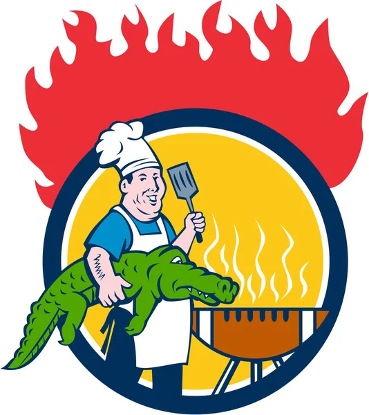 Chef cocodrilo espátula barbacoa parrilla fuego círculo dibujos animados — Vector de stock