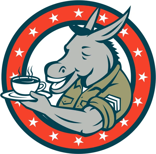 Sergente dell'esercito Donkey Coffee Circle Cartoon — Vettoriale Stock