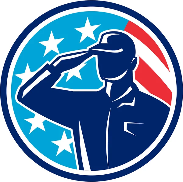 Soldato americano Serviceman Saluting Flag Circle Retro — Vettoriale Stock