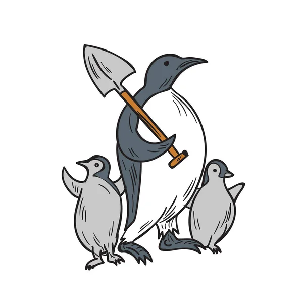 Pinguïn Shovel met kuikens houden tekening — Stockvector