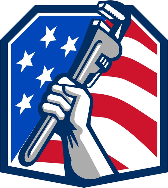 Plumber Hand Pipe Wrench USA Flag Retro — Stock Vector