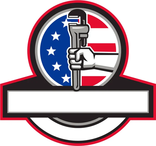 Plumber Hand Holding Pipe Wrench Flag Circle Banner Retro — Stock Vector