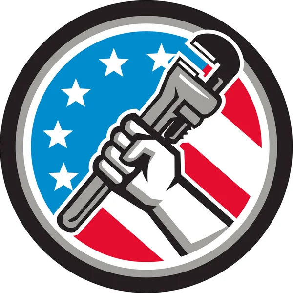 Loodgieter Pipe Wrench Usa vlag kant schuin cirkel — Stockvector