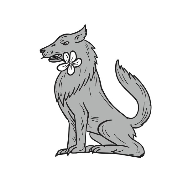 Timber Wolf zitten Plumeria bloem tekening — Stockvector