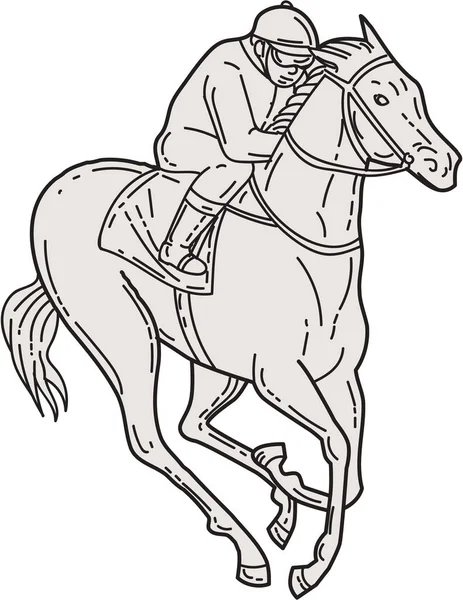 Jockey Riding Thoroughbred Horse Mono Line — Stock Vector