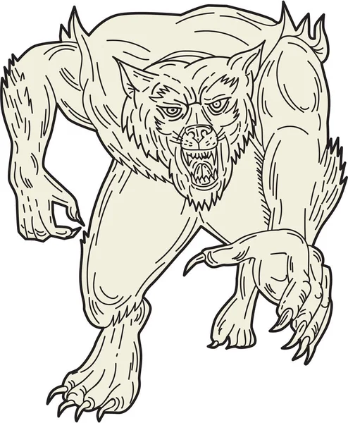 Werewolf Monster Running Mono Line — Stock Vector