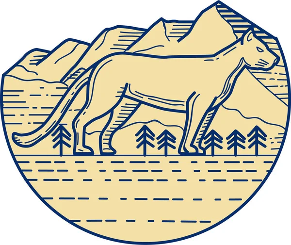 León de montaña Puma Mono línea del árbol — Vector de stock
