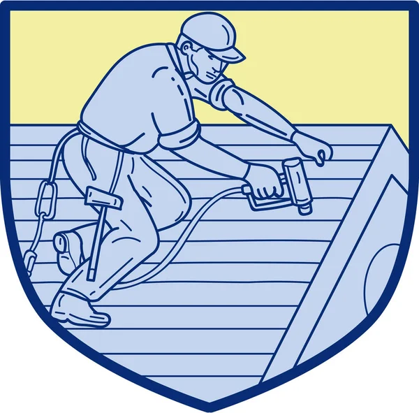 Roofer lavorando su tetto scudo linea mono — Vettoriale Stock