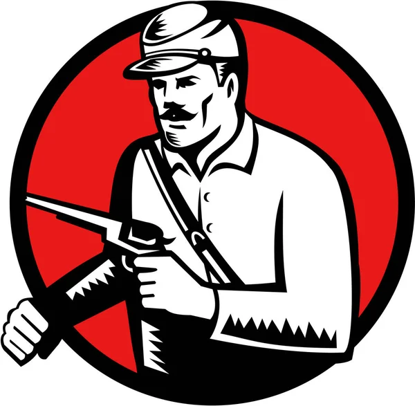 Unie soldaat met pistool cirkel houtsnede — Stockvector
