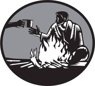 Camper Campfire Cup of Coffee Circle Woodcut clipart