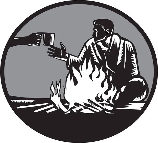 Camper Tasse de feu de camp de café Cercle Woodcut — Image vectorielle