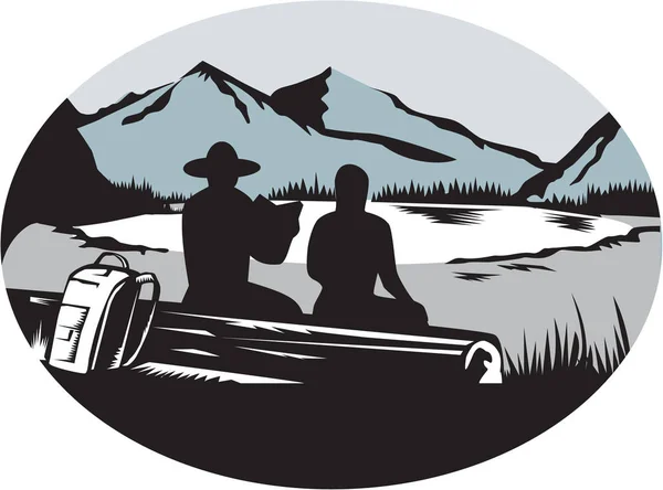 Two Trampers Sitting on Log Lake Mountain Oval Woodcut — Stock Vector